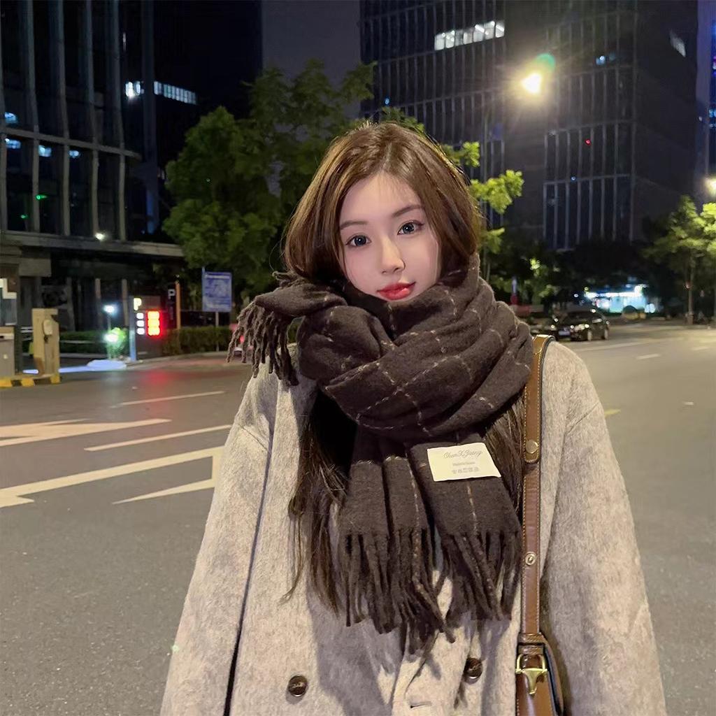Women's & Couple Korean Style Plaid Scarf Fringed Winter Fleece-Like Cashmere Thickened Warm Versatile Skin-Whitening Shawl Student Neck Warmer