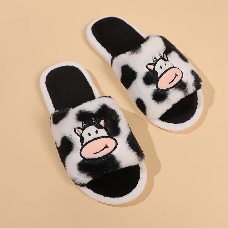 Fashion Casual Plush Slippers Women Winter Open Toe Keep Warm Fluffy Slides Woman Shoes Lightweigeht Non-Slip Warm Home Cotton Slippers