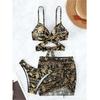 European and American sexy bikini swimsuit three-piece mesh skirt cross strap black gold print gathering split swimsuit