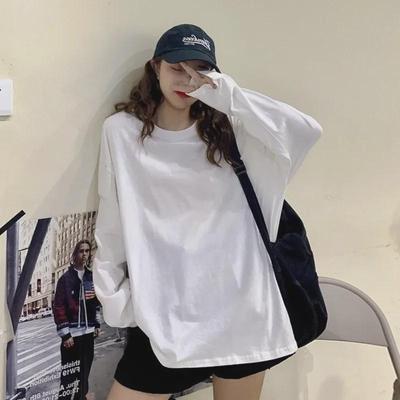 Damski T-shirt z długim rękawem biały - Luźny krój, Dekolt okrągły w stylu koreańskim, Jednolity kolor, Idealny na wczesną jesień i wiosnę
