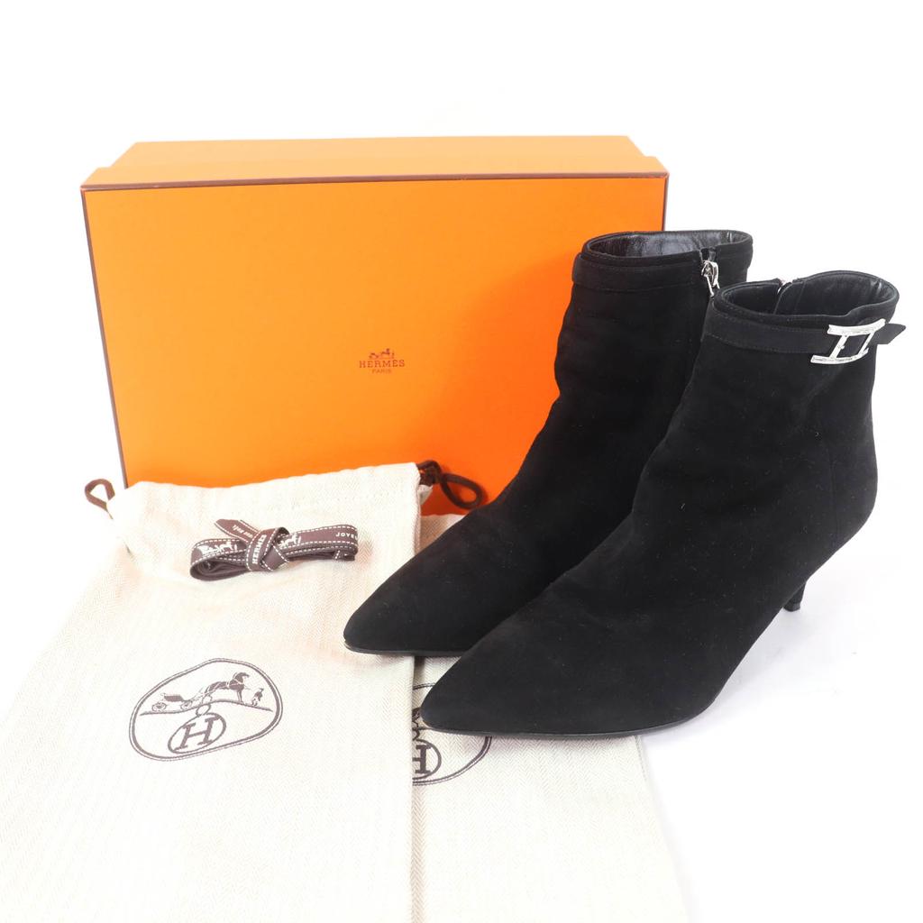 Ottimi stivaletti HERMES Blanche Api Fibbia pelle scamosciata nera Donna 38 Usati