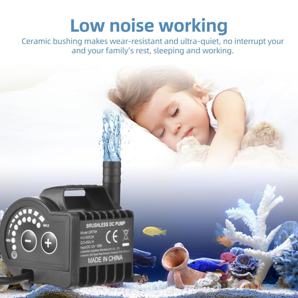 Submersible 12V Water Pump 8 Levels Adjustable 0 700L H Small Fountain Pump with 0 9.8ft Lift, 6.5ft DC Female Plug and