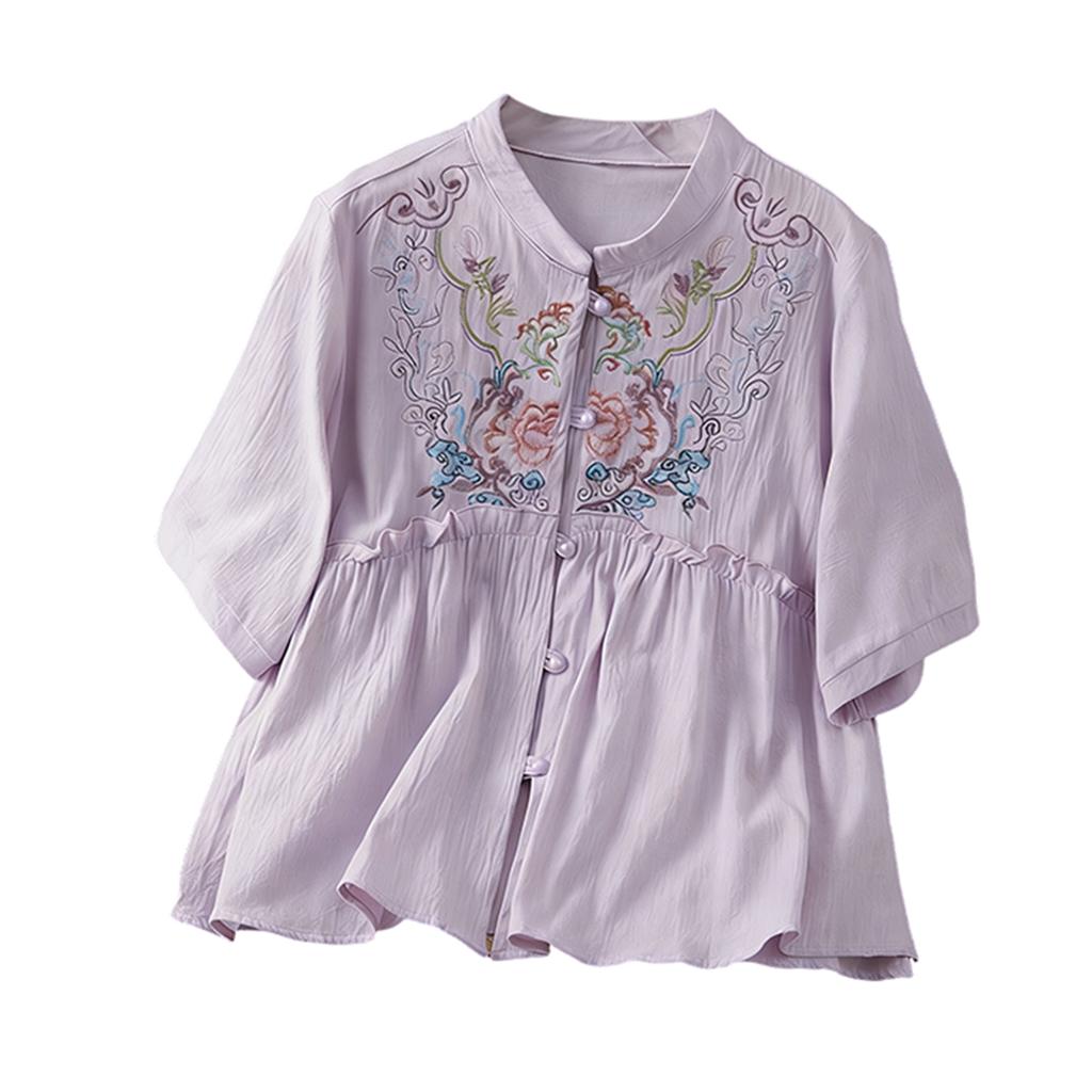 Women's Retro Loose Fit Linen Cotton Blouse With Buttons And Embroidery
