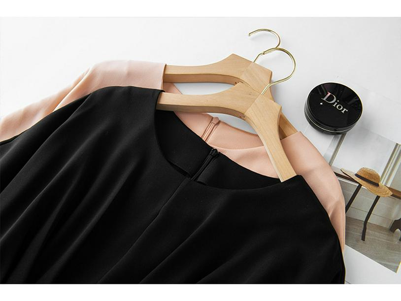 Women's Short Sleeve Real Silk Dress - Loose Fit, Solid Color, Round Neck, Long Length