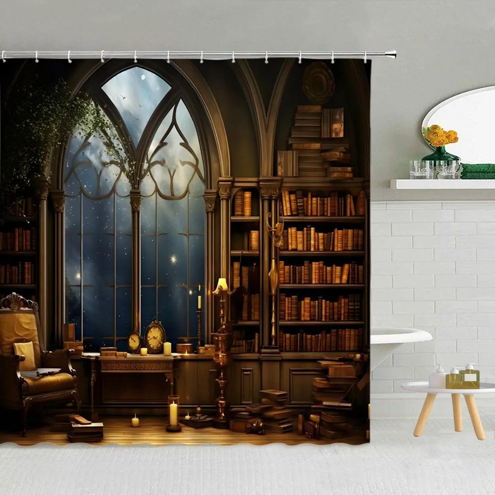 3D Library Shower Curtain, Vintage Bookshelf Books Gothic Magic Polyester Printed Fabric Bathroom Decorative Bathtub Accessories