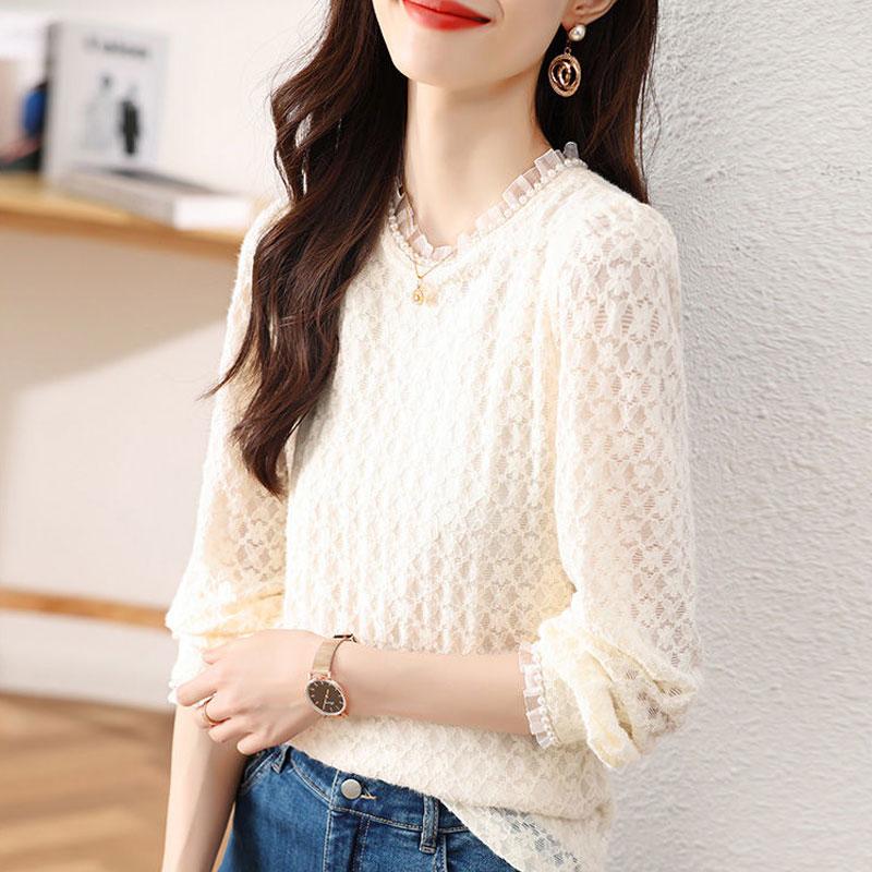 Stylish Lace Jacquard Weave Blouse Spring Autumn Casual Solid Color Women's Clothing Round Neck All-match Chic Beading Shirt New