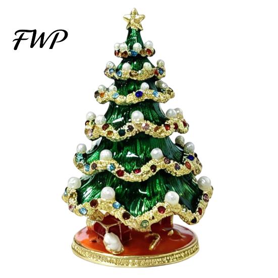 Christmas Anniversary Gift Tree Jewelry Box, Enamel Inlay Alloy Organizer, Vintage Style Trinket Box Compact Decorative Ornament for Dressing