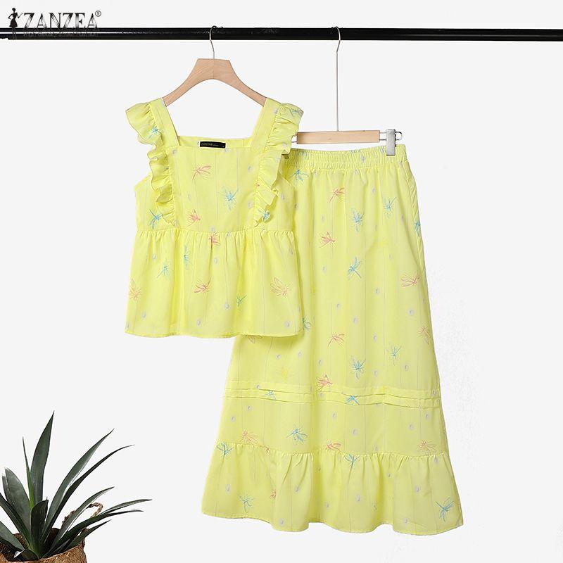 ZANZEA Women Sleeveless Tank Tops and Long Skirts Casual Two Piece Suit Sets