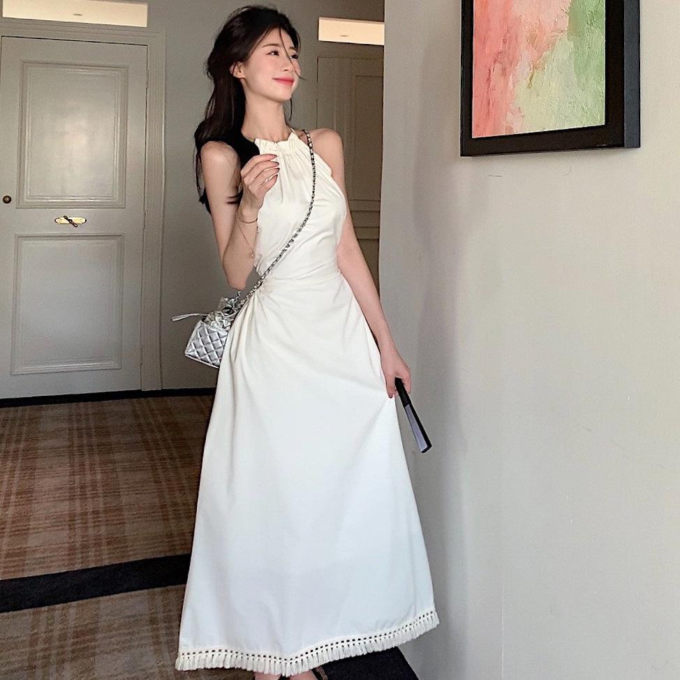 French Temperament Back Hollow Neck Sling Dress Women's Summer Waist Seaside Vacation Wind Sleeveless Beach Dress