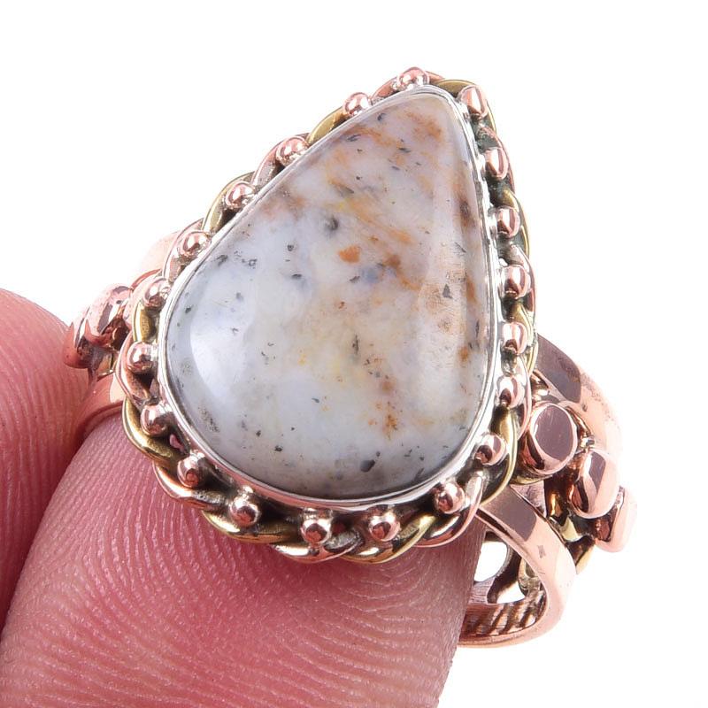 

Natural Dendrite Opal Gemstone 925 Sterling Silver TwoTone Gift Ring S.9 E7m26