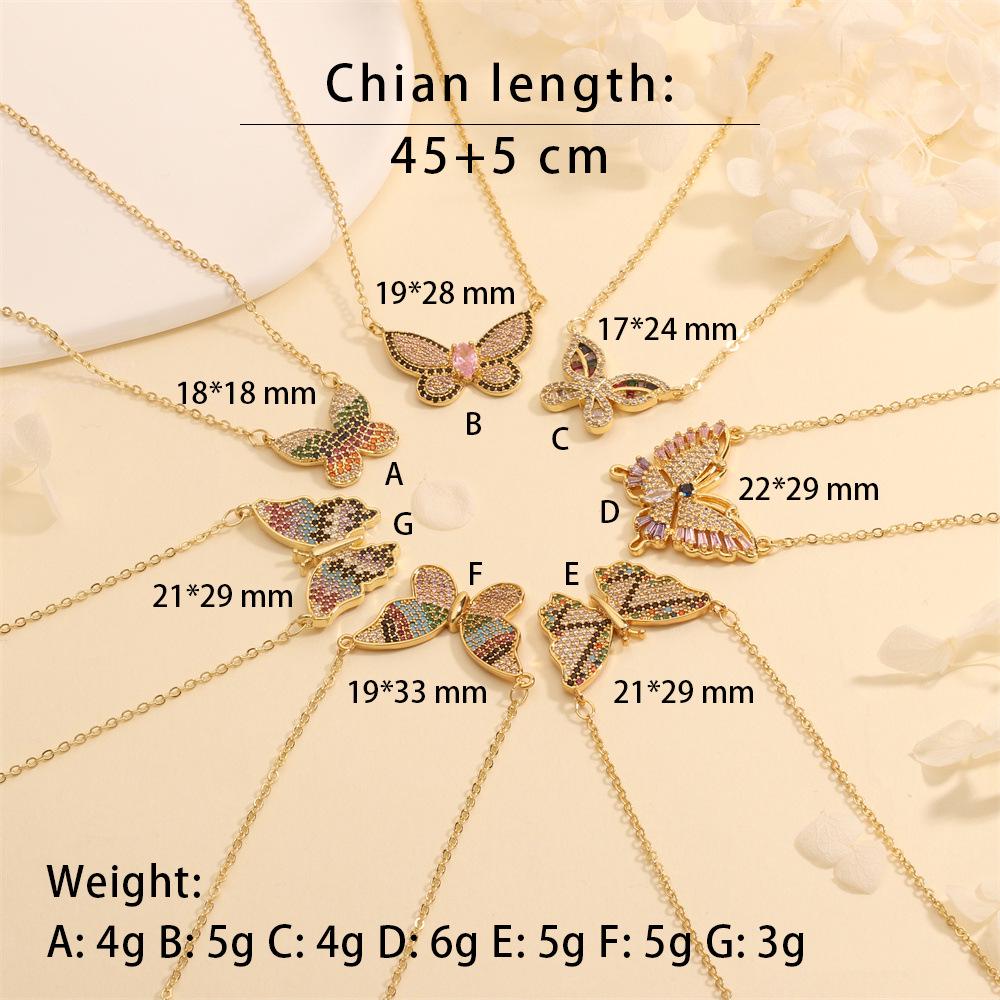Color-Inlaid Zircon Butterfly Pendant Necklace - Fashionable Copper Insect Jewelry