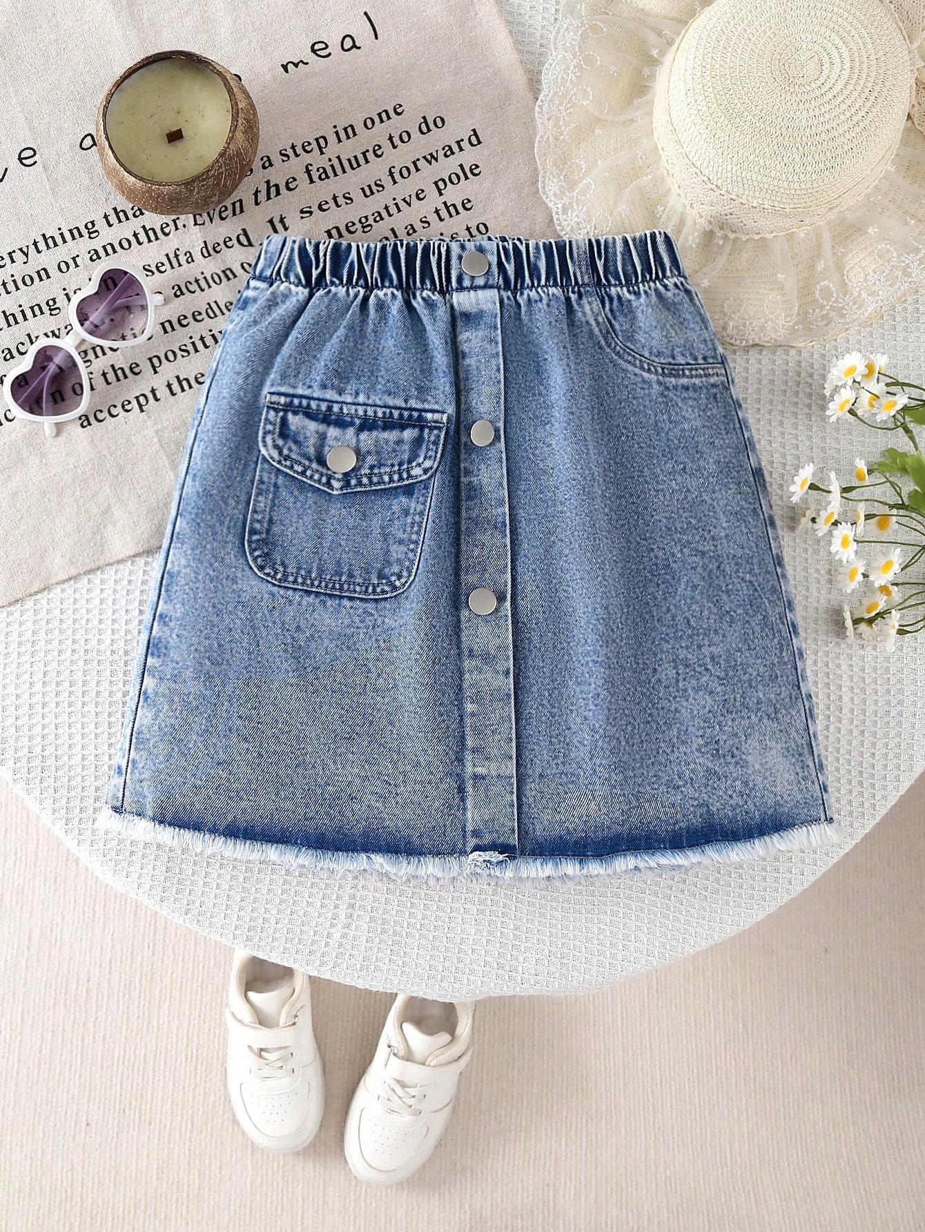 

Single-piece girls denim skirt, casual, simple, versatile, retro, whiskered short casual denim skirt 8Y