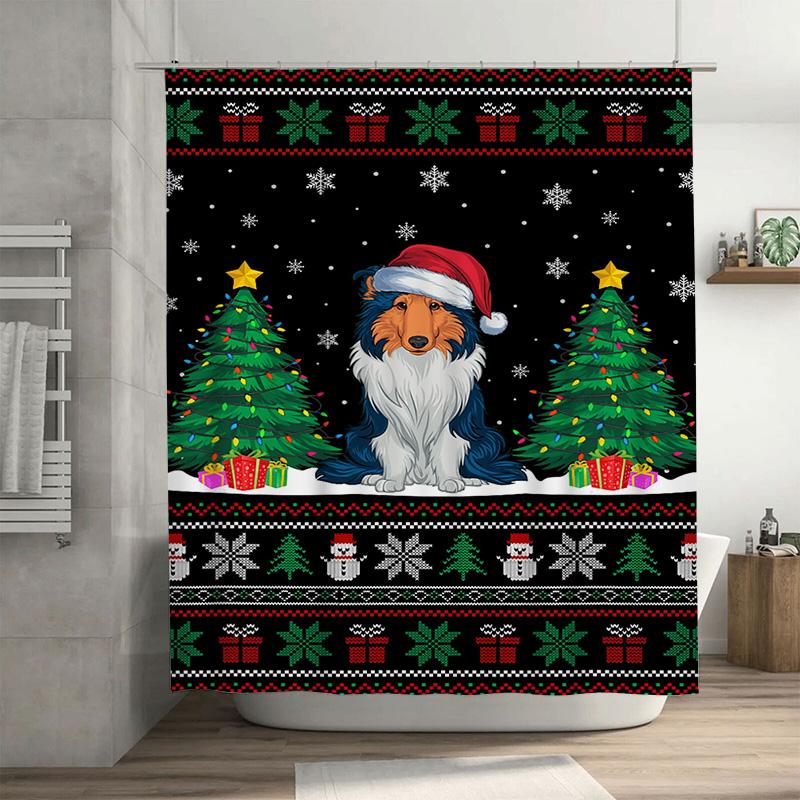 

Cute Collie in Santa Hat Christmas Shower Curtain,Tree Snowman Pattern Funny Dog Themed Waterproof Bathroom Decor for Holiday 90x180cm