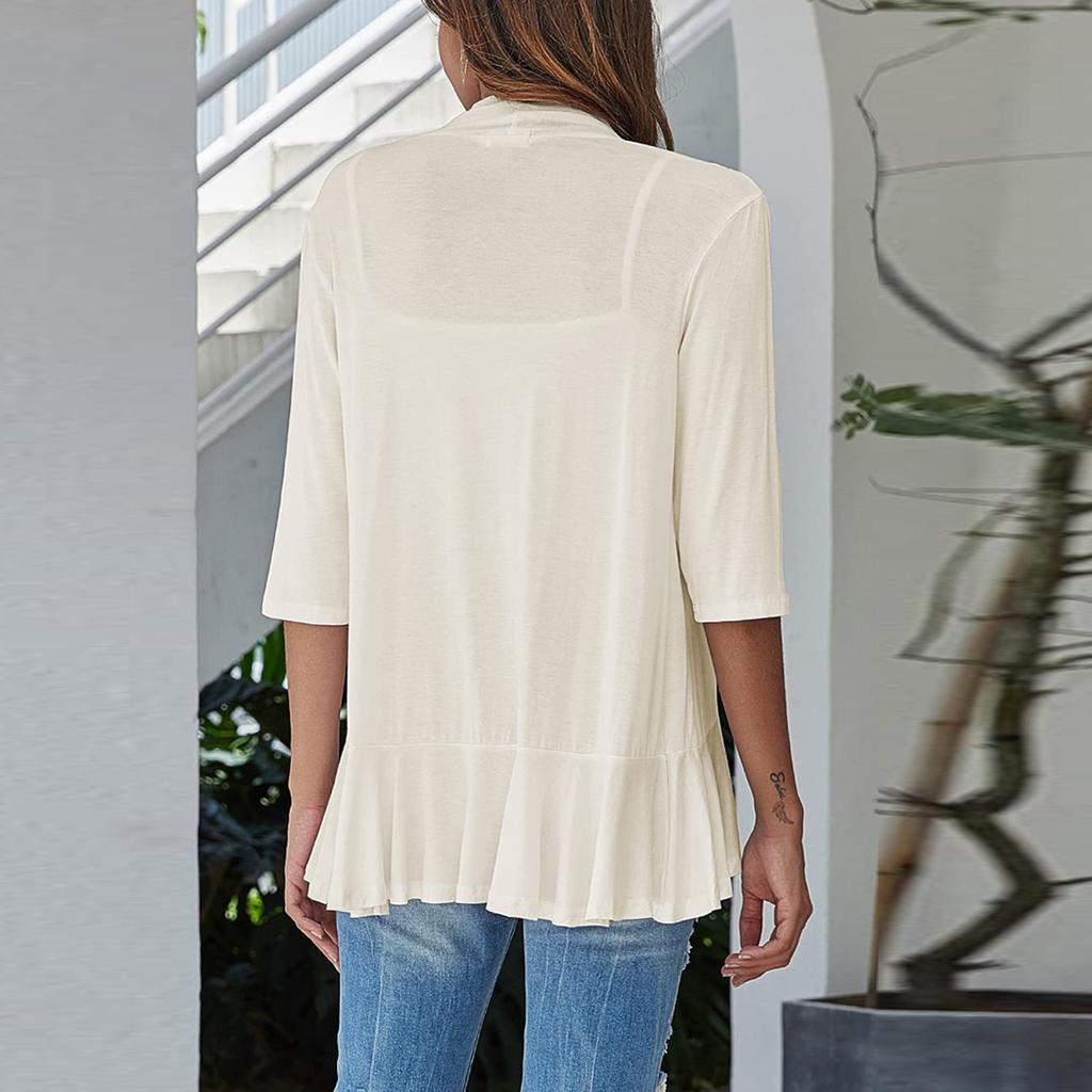 Women's Fashion Casual Seven Minute Sleeve Solid Color Ruffle Cardigan Top