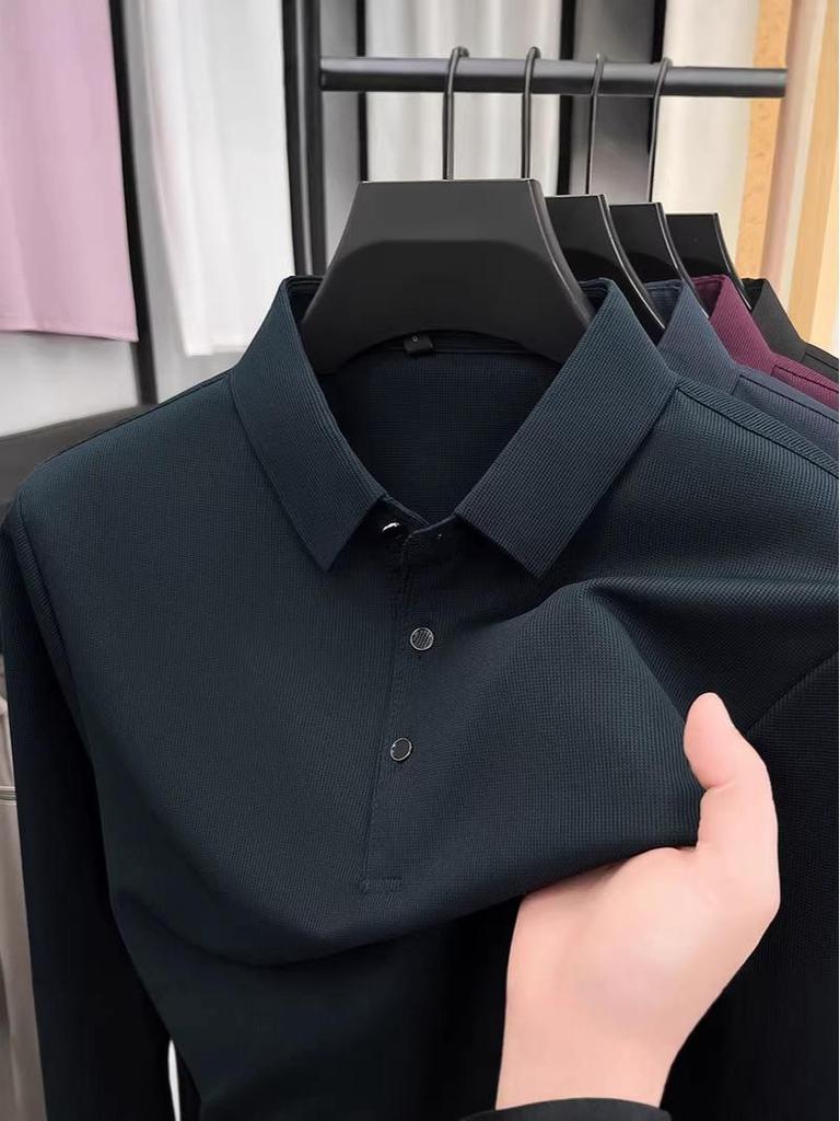 Men's Long Sleeve Polo - Loose Fit, Fashionable Lapel, Versatile Solid Color, Casual T-Shirt for Spring/Autumn