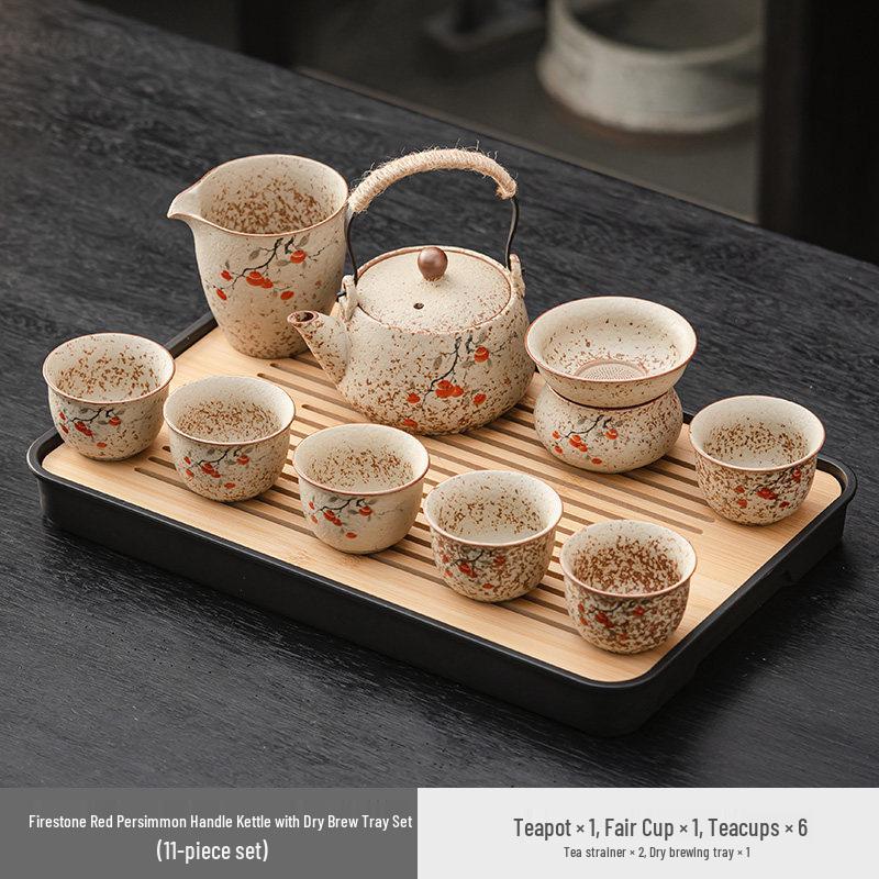 High-End Flint Red Gongfu Tea Set with Ceramic Kettle, Teacups, and Teaplatters