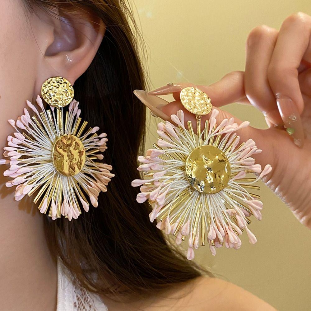 Round Shape Dangle Earrings Floral Design Drop Earrings Raffia Earrings  Photo Shoot