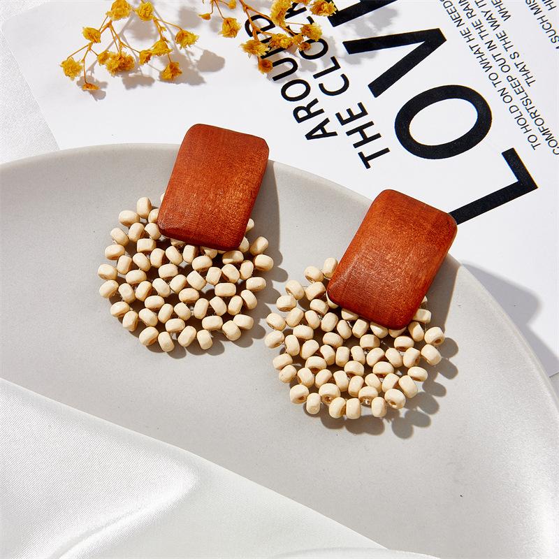 Vintage Ethnic Wooden Handmade Beaded Geometric Round Square Drop Earrings For Women Boho Style Accessories