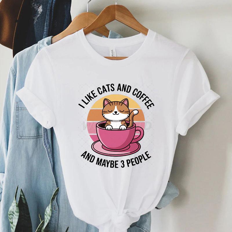 Kawaii Cat Coffee Lover T Shirt I Like Cats and Coffee Classic Top Tees Crew Neck Summer Clothes Coffee Lover Gift Cat Mom Shirt