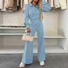 Women's Fashion Casual Home Solid Color Lapel Long Sleeve Top Elastic Wide Leg Pants Two-Piece Set