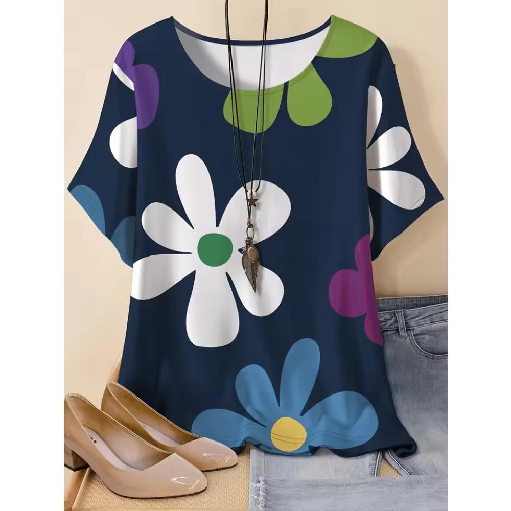 

Cartoon colorfu flowers 3D Printed T-shirt Fashion Loose Summer Casual Short Sleeves Round Neck womens T-Shirts 6XL темно-синього кольору