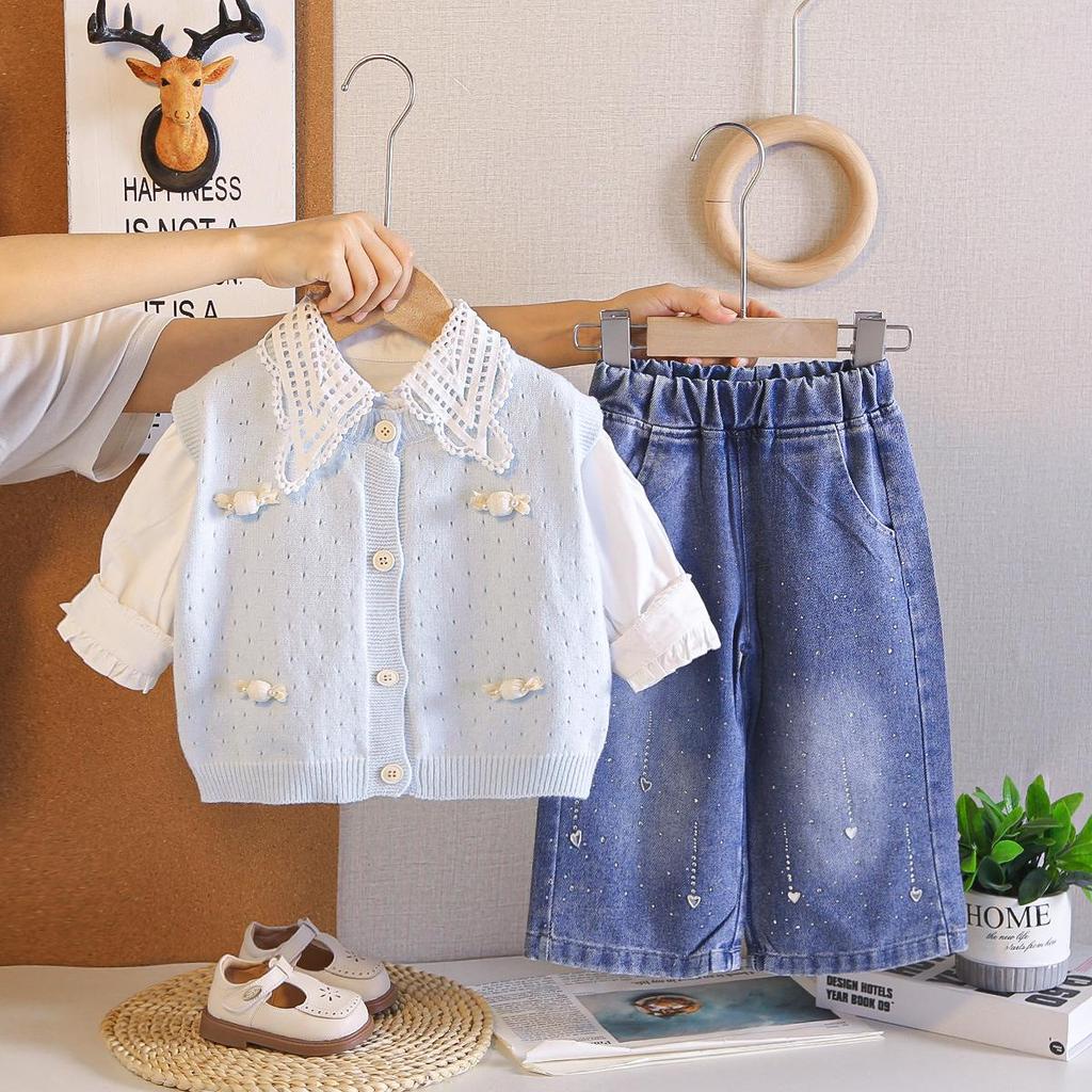 Girls' Spring/Autumn Knit Vest, Lace Shirt, and Rhinestone Denim Pants Set
