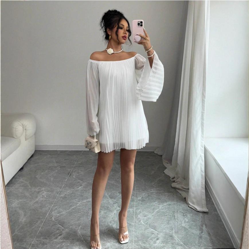 Women Off Shoulder Puff Sleeve Pleated Mini Dress Solid Color Elegant Summer Dress S