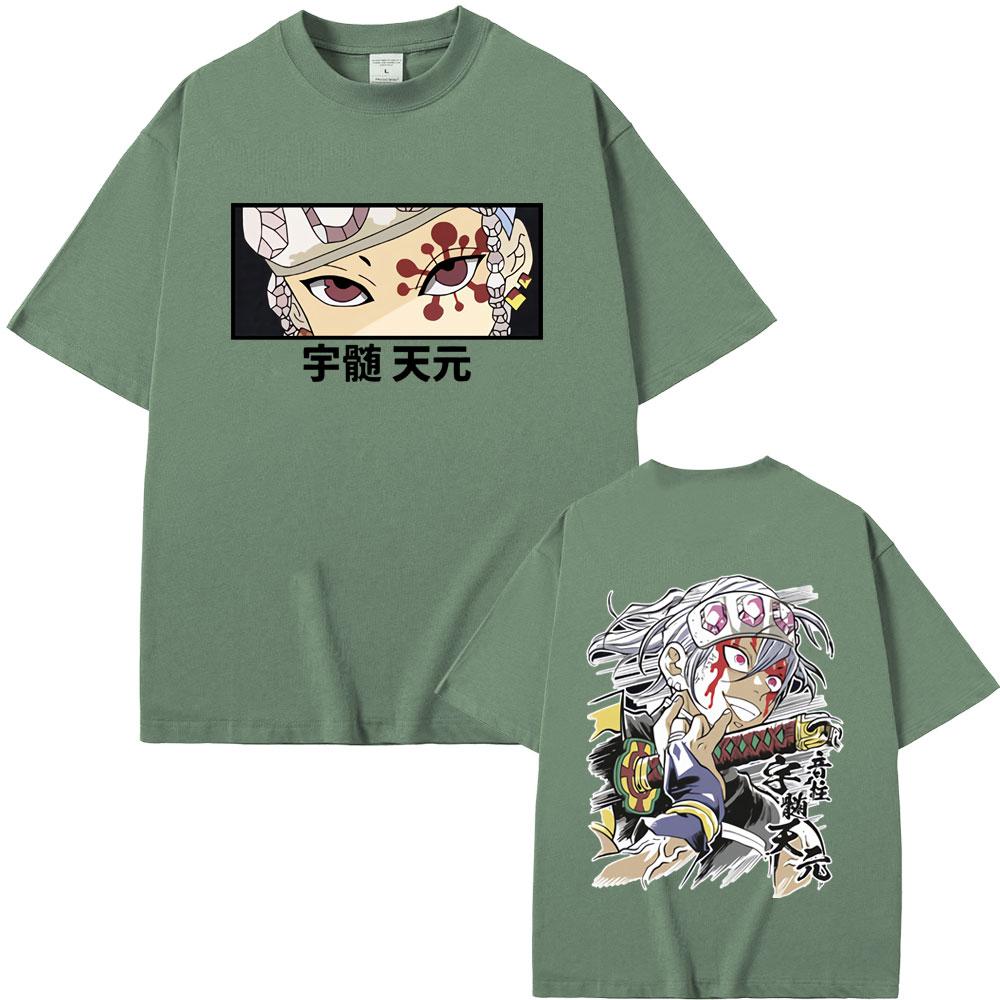 Anime Demon Slayer Uzui Tengen Double Sided Graphic Tshirt Men Women Casual Oversized Crewneck T-shirt Male Vintage Streetwear