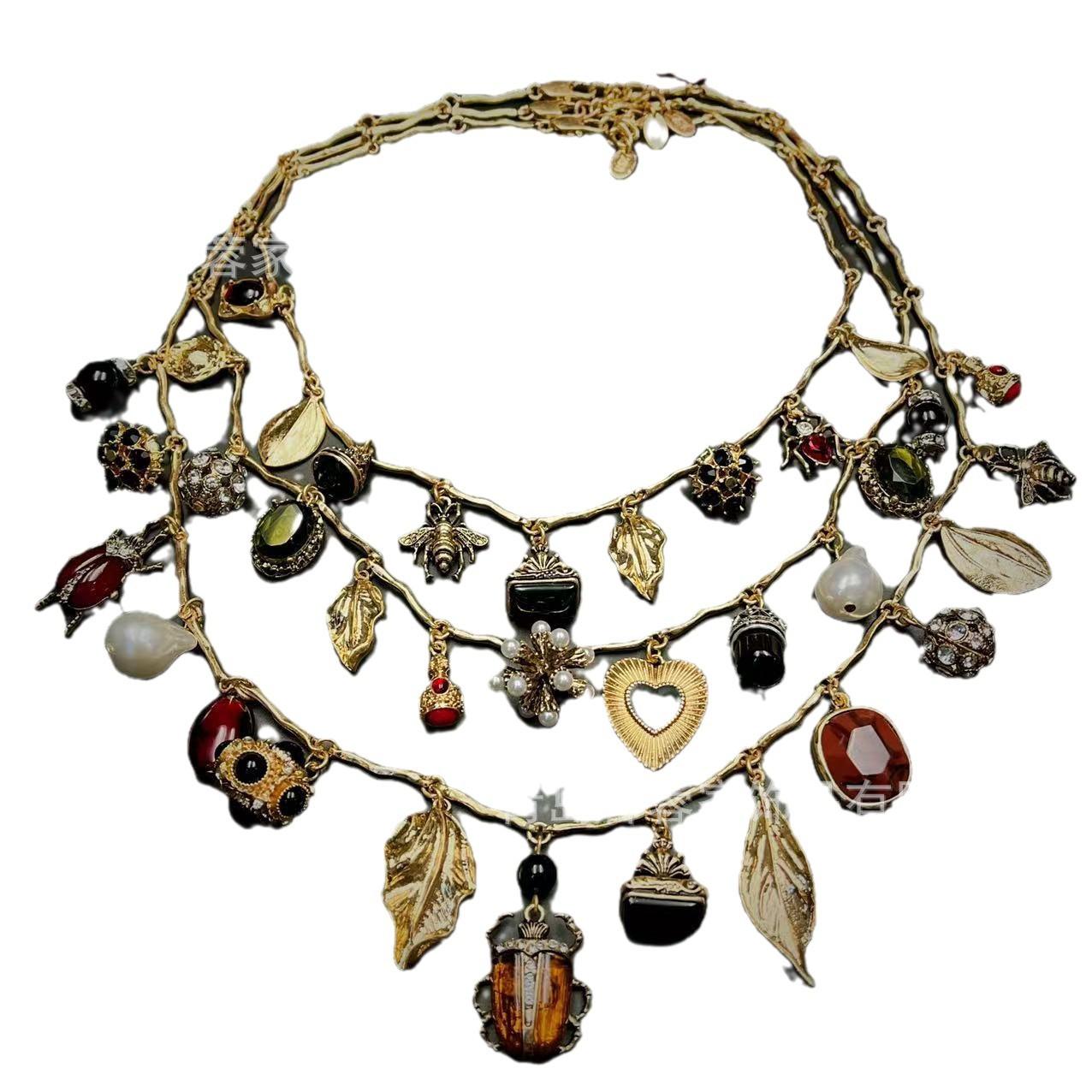 2026 Europe, America, Multi-layer Stacked Necklace Animal Insect Leaf Love Pendant Retro High-end Necklace 45CM