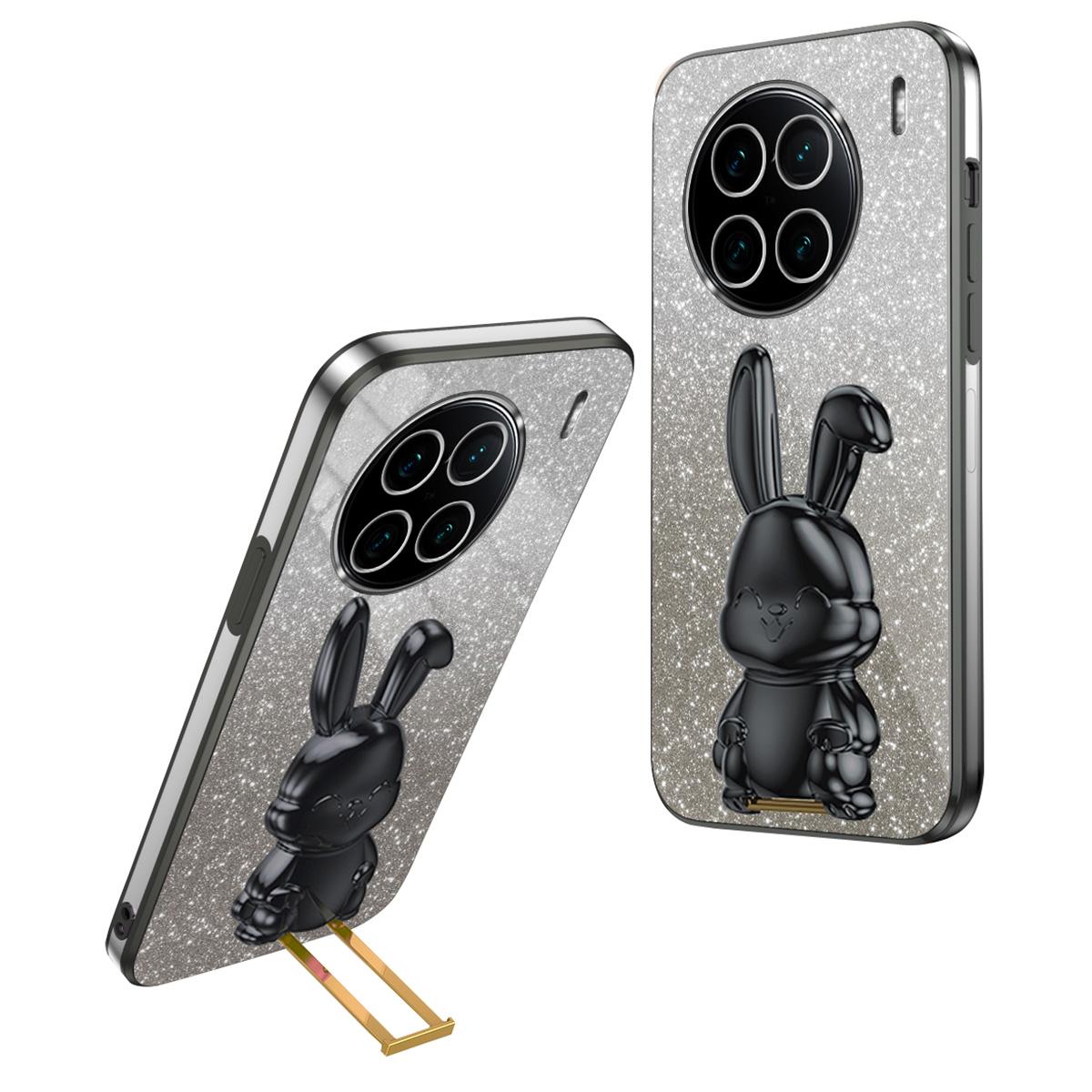 

Для vivo X90 Pro+ 5G Slim PC+TPU Case Rabbit Design Kickstand Phone Cover Black