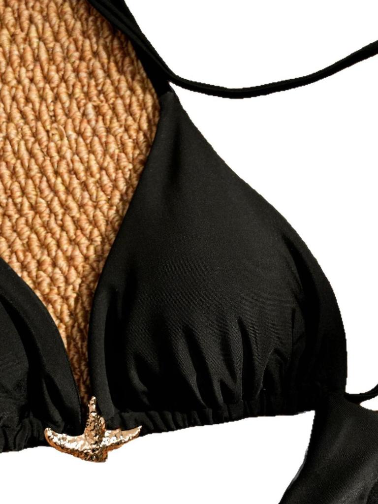 2025 Schwarzes Dreiecks-Bikini für Damen – Sexy Neckholder, Rückenfrei, Binde-Badeanzug, Einfarbig