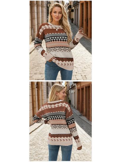 2025 Autumn/Winter Vintage Multi-Color Diamond Jacquard Patchwork Women's Pullover Sweater