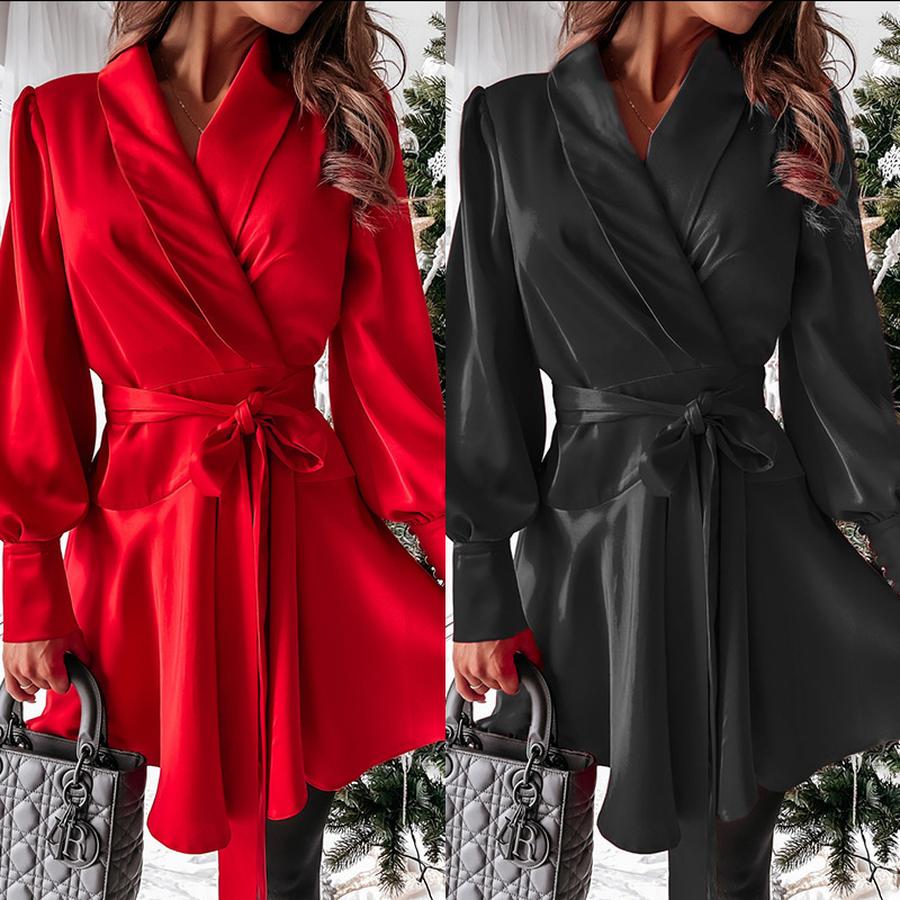 New Women's Leisure Fashion Solid Color Shirt Dress Mini Skirt Women's Dresses Autumn Winter Style