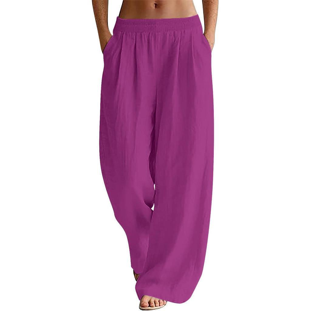 Women's Flowy Linen Wide-Leg Pants - Summer Beach Travel Wear with Elastic Waist & Pockets