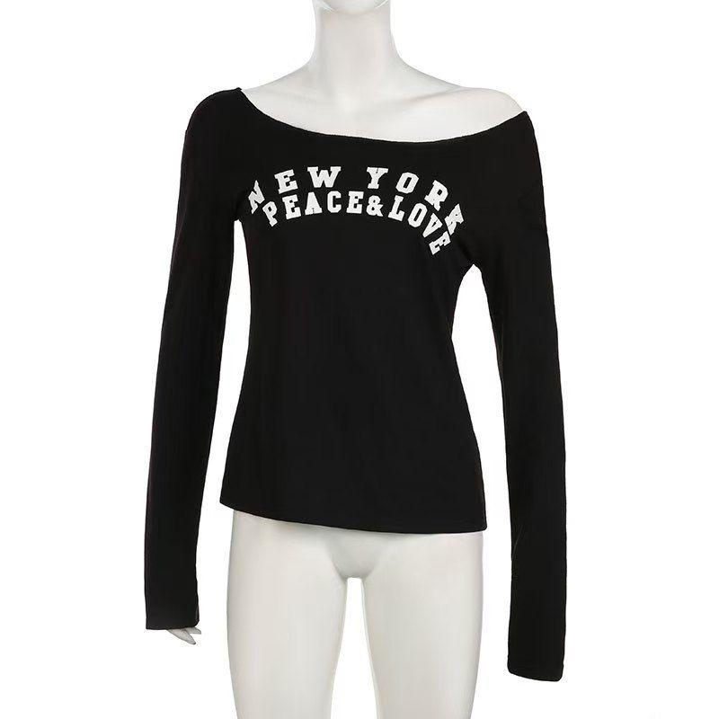 

Fashion Style Letter Print Diagonal Collar Long Sleeves T-shirt Printed Letter Long Sleeved T-shirt Black S
