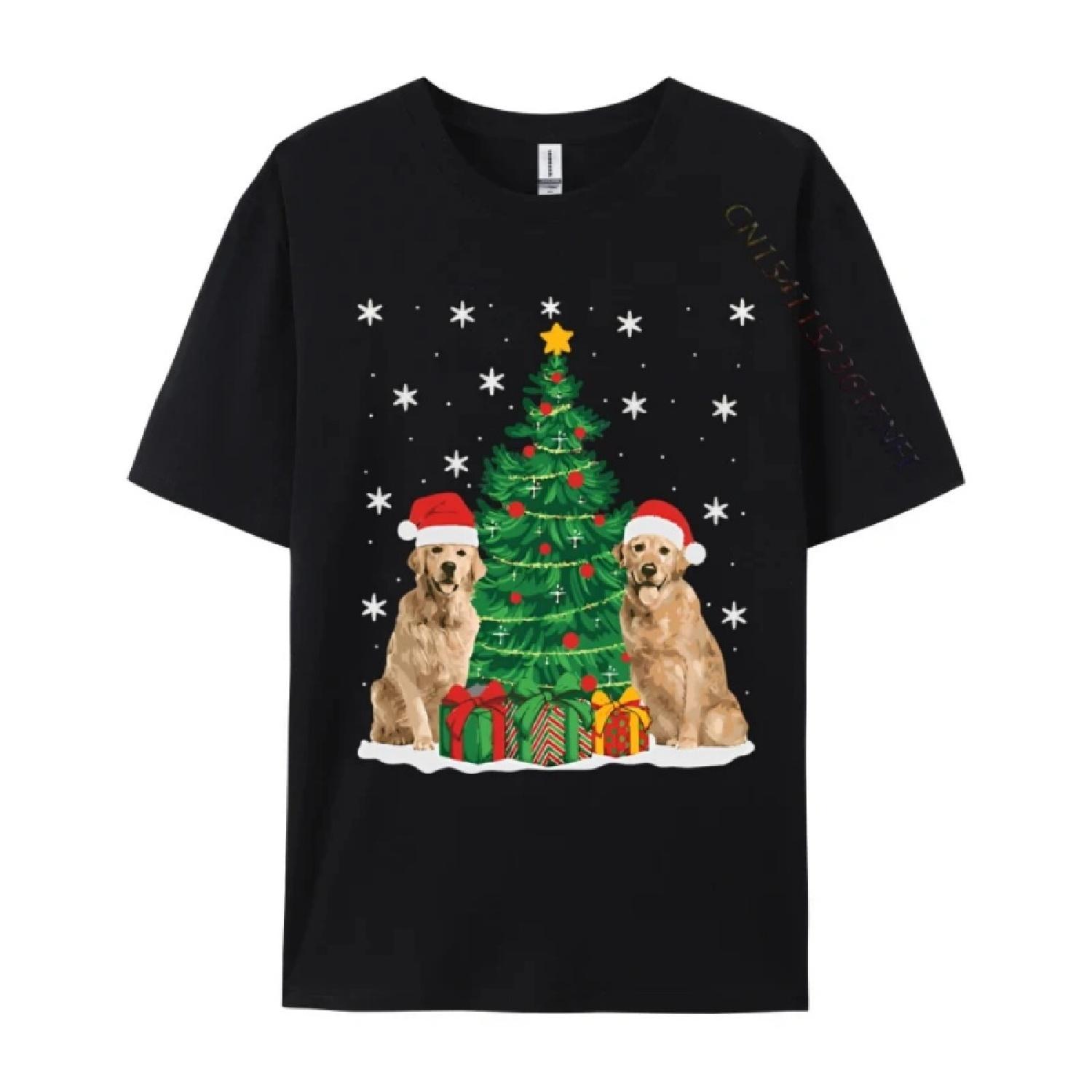Xmas Lighting Santa Golden Retriever T-shirt Mens T-shirt Personalized Print T Shirt Black Best Gift Clothing S