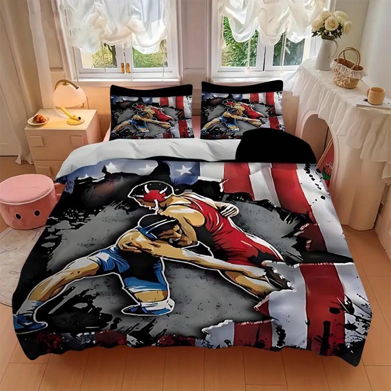 Set Copripiumino 3 Pezzi Scena di Combattimento di Wrestling Anime con Una Federa Copripiumino e Due Federe (Nessun nucleo) - Decorazioni per la Casa, Regalo di Festa, Tessuto in Poliestere, Anime