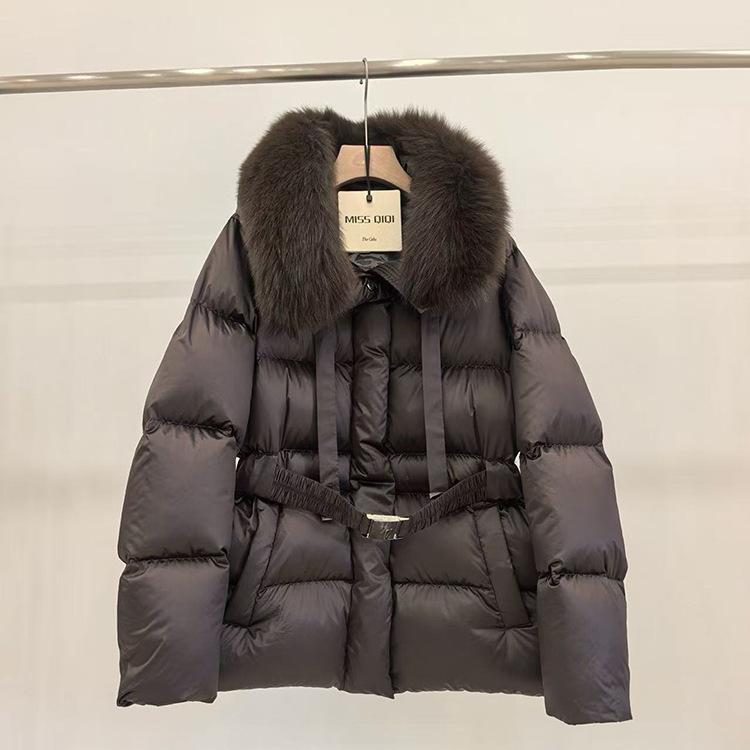 European Winter New Fox Fur Collar Hooded Down Jacket Women's Short Waist Thickened Warm Fashion Coat