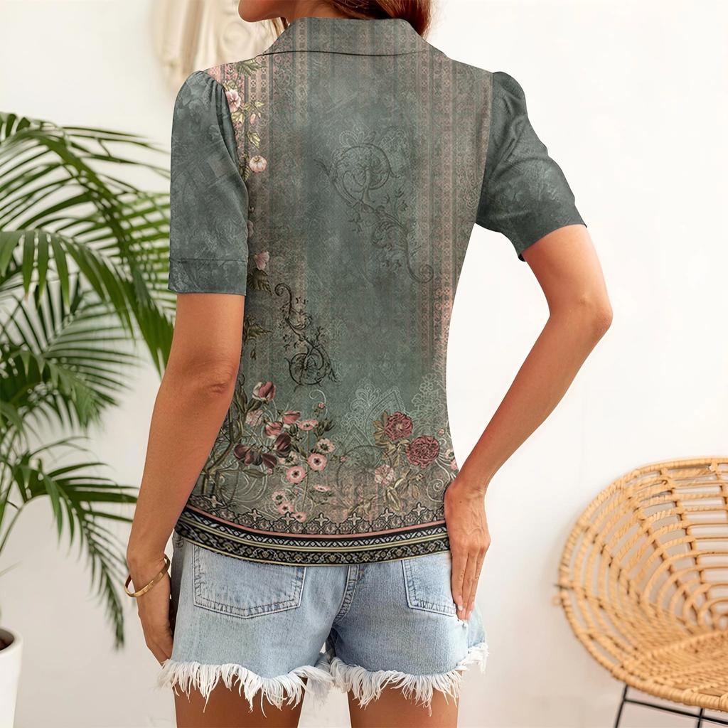 Women's Vintage Floral V Neck Casual Short Sleeve Shirt Top Lightweight Breathable Summer Blouse with Relaxed Fit and Collared Design