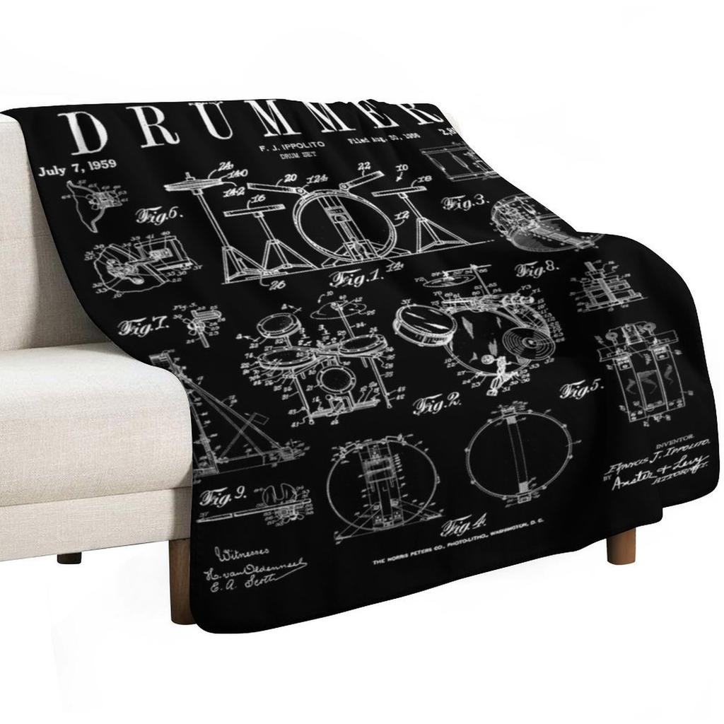 Drum Set Kit Vintage Patent Drummer Drawing Print Throw Blanket Men's Soft Warm Throw Blanket for Couch