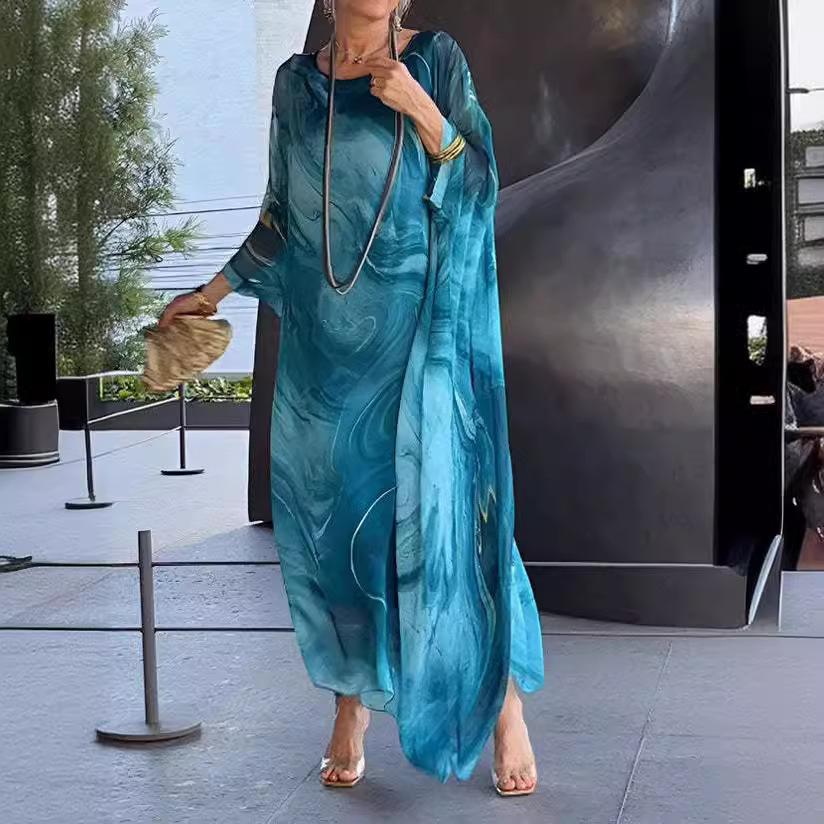 Damen Langkleid Orange Tie Dye mit 3/4 Ärmeln Lockerer Schnitt Midikleid