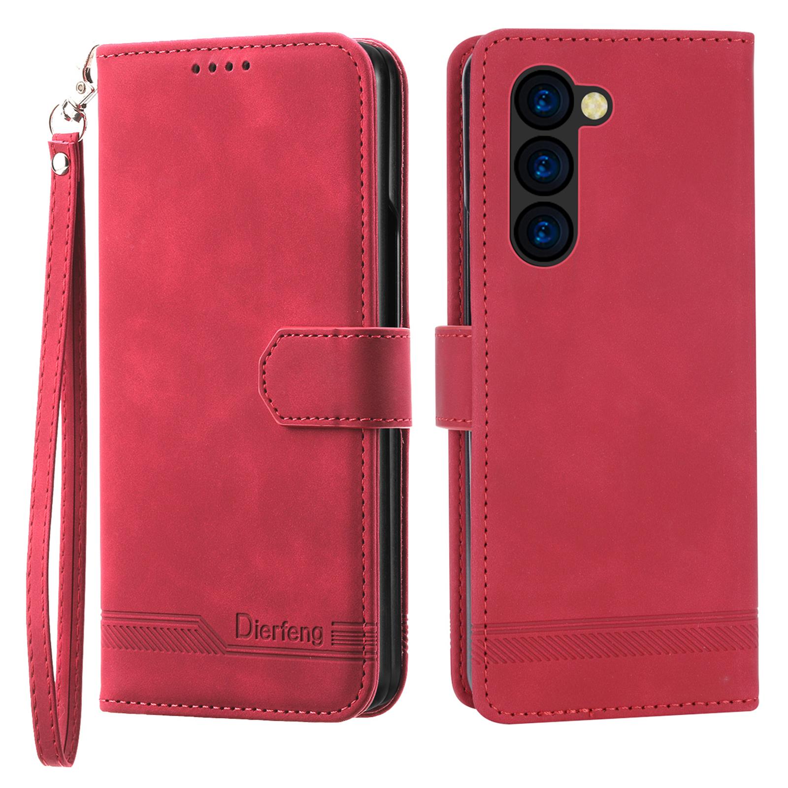 

DIERFENG DF-03 For Samsung Galaxy Z Fold6 5G Wallet Phone Case Lines Imprinted Leather Cover Red