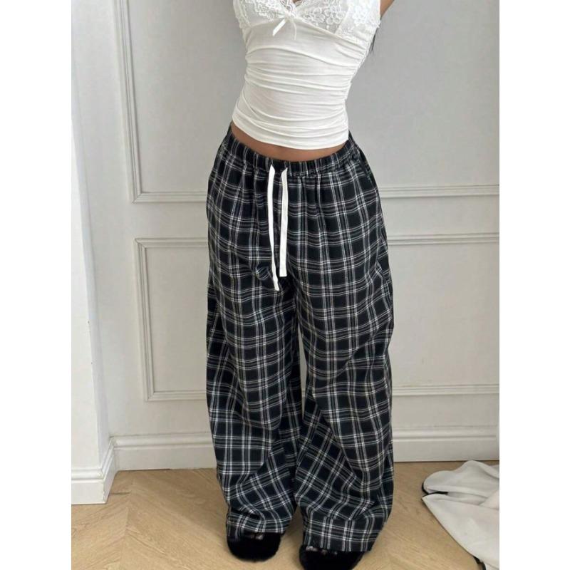 Pantaloni a Quadri da Donna, Vita Alta Coulisse Gamba Larga, Pantaloni Casual Streetwear da Casa