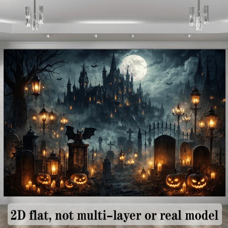 2D Flat Horror Castle-themed Background Fabric, Perfect for Halloween Parties To Create an Eerie and Terrifying Atmosphere
