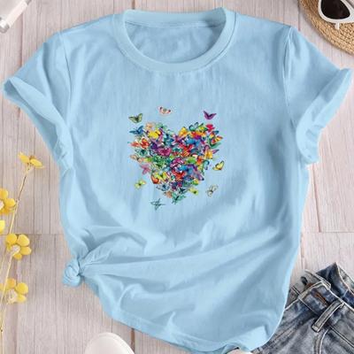 Lässiges T-Shirt mit Herz-Print, Rundhalsausschnitt, lockere Kurzarm-Modeoberteile für Damen