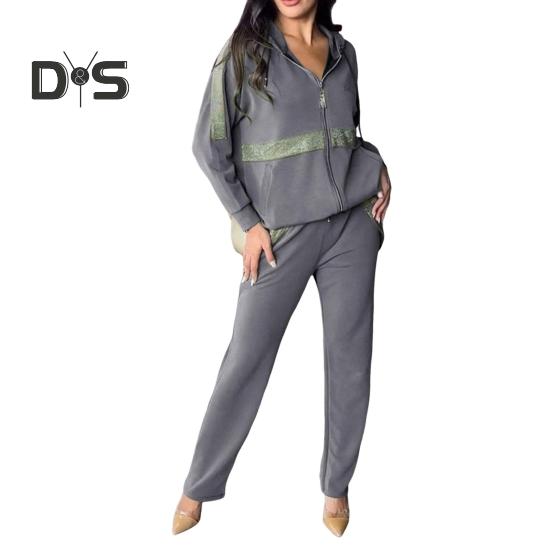 Ensemble de 2 pièces pour femme, sweat-shirt et pantalon à paillettes, capuche, manches longues, fermeture éclair, sport, taille élastique, tenue de fitness, automne, printemps, déplacements