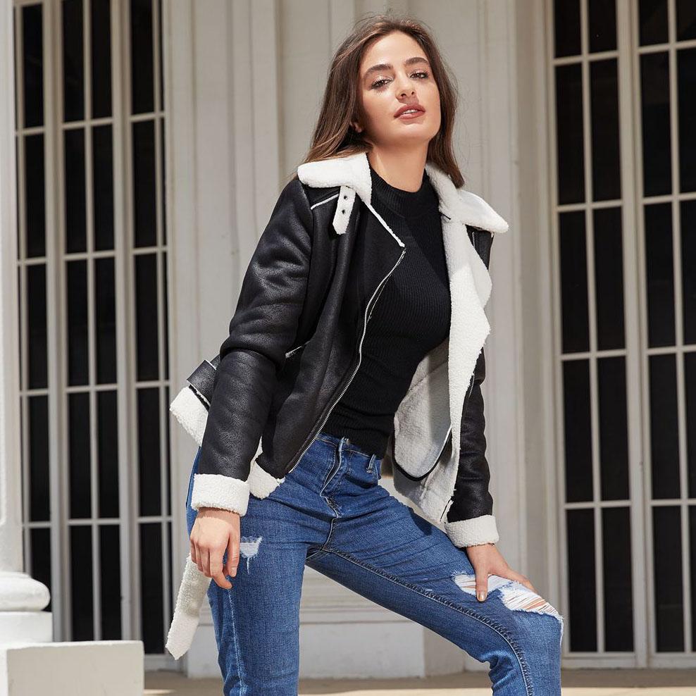 Fall Winter Women Lapel Collar Long Sleeve Slim Fit Zipper Pu Leather Jacket