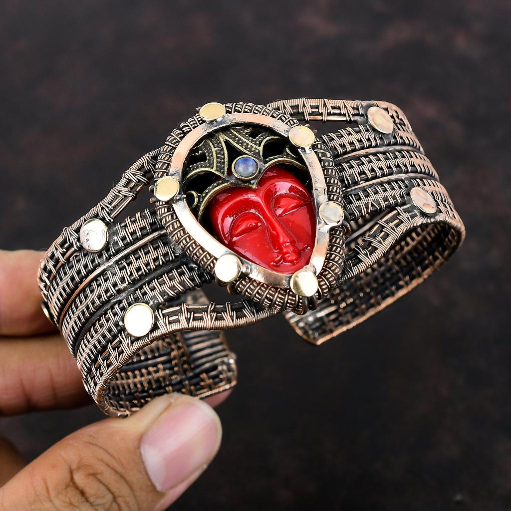 Red Carved Bone Face Bangle Copper Wire Wrapped Rainbow Moonstone Cuff Bracelet Adjustable Handmade Bangle Gemstone Jewelry Anniversary Gift