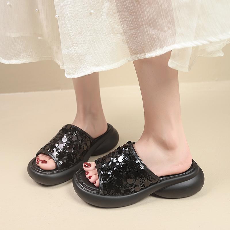 Soft Sole Boost Platform Slippers Summer Fashion Outer Wear Round Toe Open Toe Sequin Platform Slip Sandals
