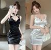 Sexy Fashion Pure Desire Style Hip Skirt Temperament Socialite Satin Flower Splicing Design Suspender Dress Women